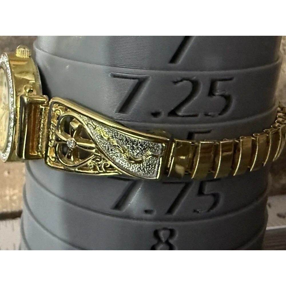 Mother Of Pearl Womens Gold Tone Cross Watch Stretch Christian Band New Battery